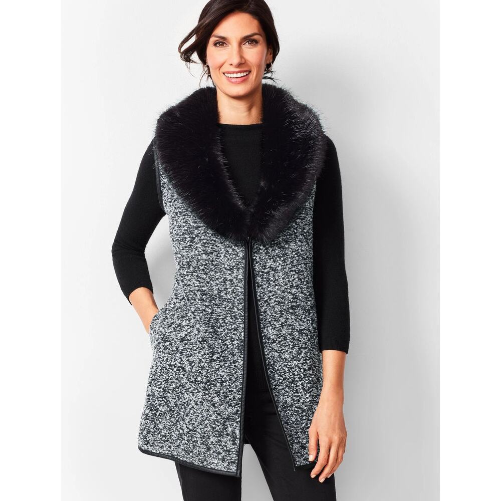 Talbots Black & White Boucle Black Faux Fur Wool Blend Vest‎ Women's M